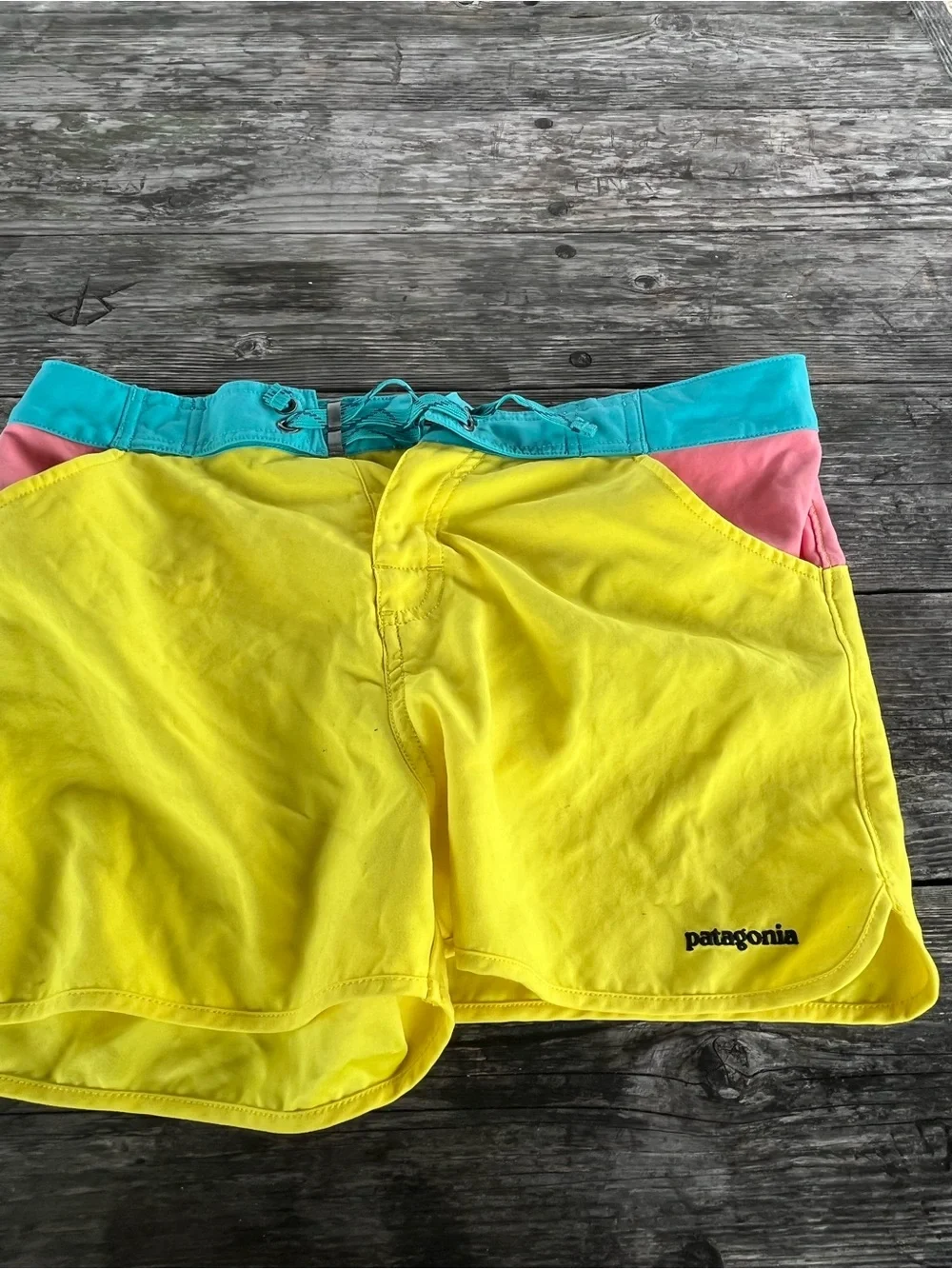 Patagonia girls  Yellow Board Shorts with Teal Waistband and Pink Accents Sz 18
